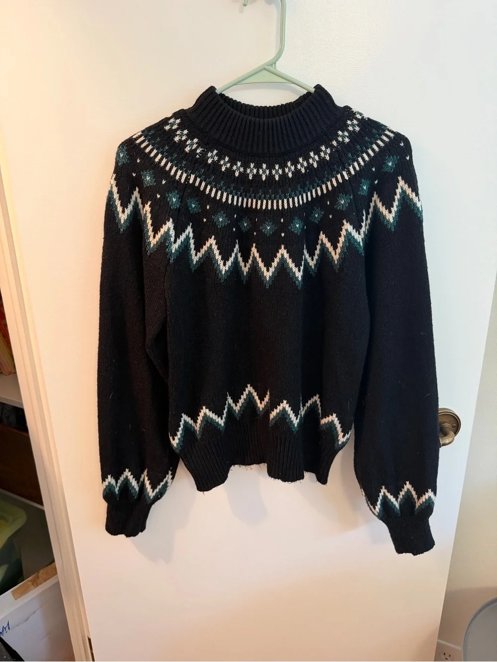 Who What Wear Fair Isle Sweater Black Teal Cream Mock Neck Size M